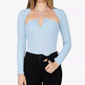 Sky Blue Halter Long Sleeve Bodysuit